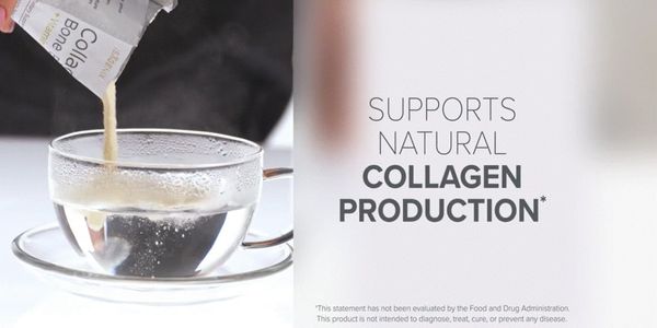 Hot beverage with collagen supplement being poured, promoting natural collagen production.