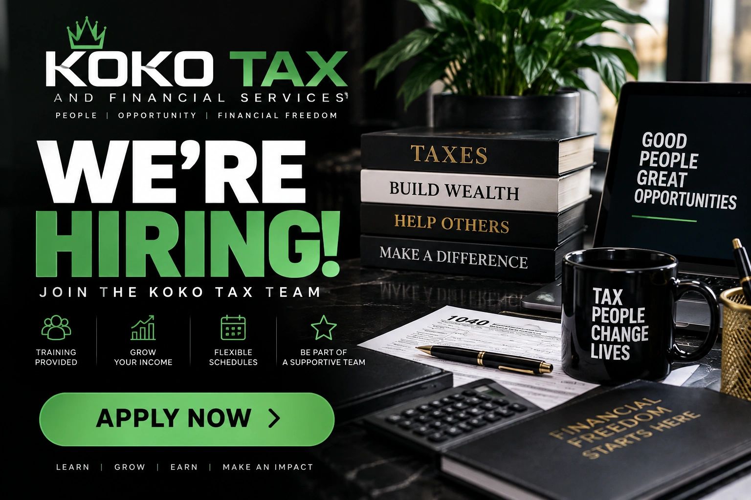 KOKO Tax hiring ad with financial books and motivational messages.