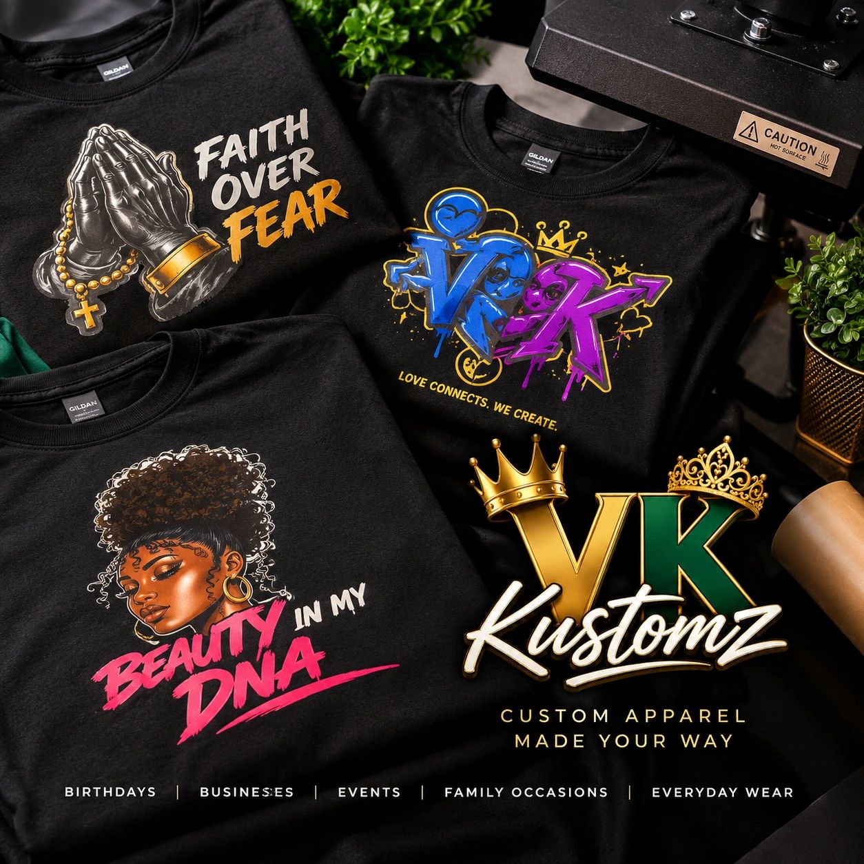 Custom black graphic T-shirts showcasing bold messages and vibrant art.
