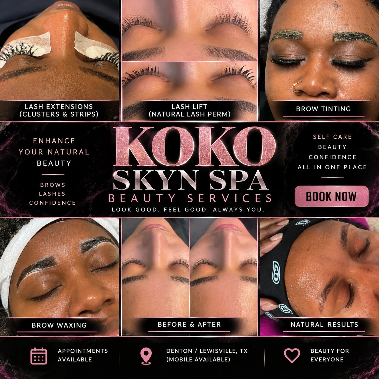 Beauty service collage showcasing lash extensions, lift, brow tinting, waxing, and natural results by Koko Skyn Spa.