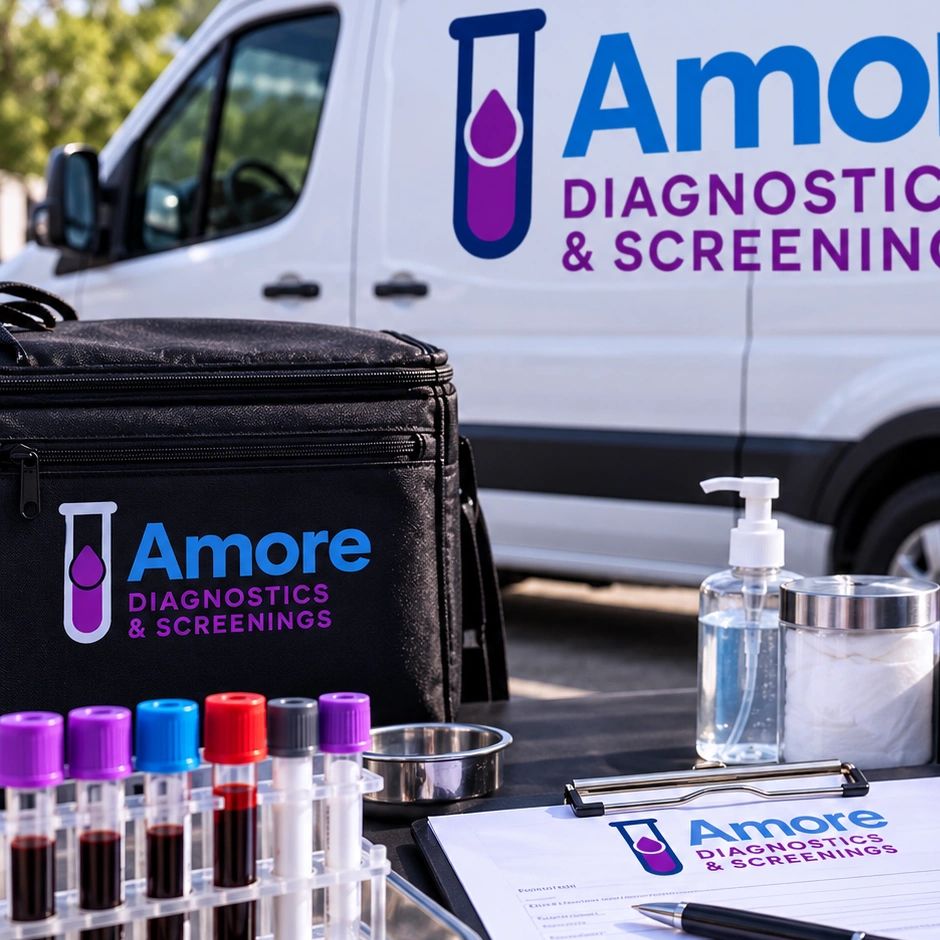 Mobile diagnostic setup with Amore Diagnostics branding.