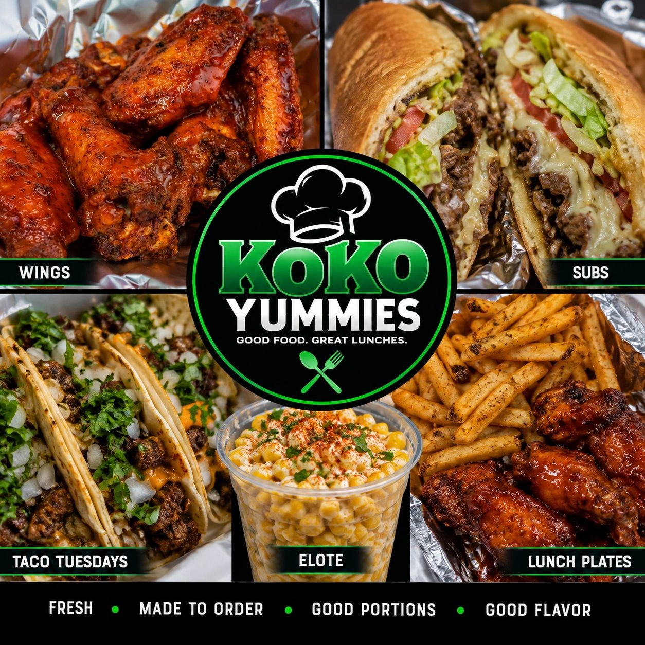 Collage of delicious food items from Koko Yummies.