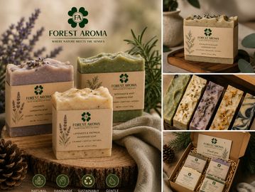 Handmade natural soaps from Forest Aroma with lavender, rosemary, and lemongrass.