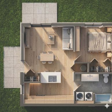 Plan d'étage d'une petite maison moderne avec salon, cuisine, chambre et salle de bain.