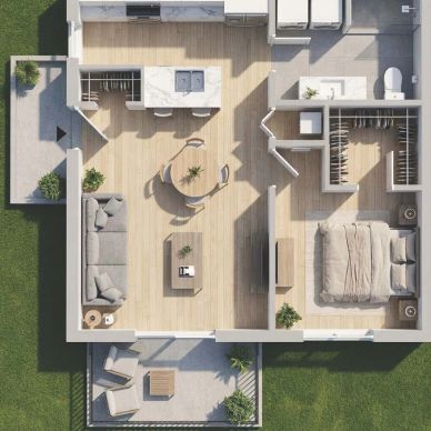 Plan d'un appartement moderne avec salon, cuisine, chambre et terrasse.