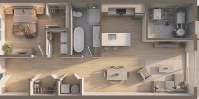 Plan d'un appartement moderne avec salon, cuisine, chambre et salle de bain.
