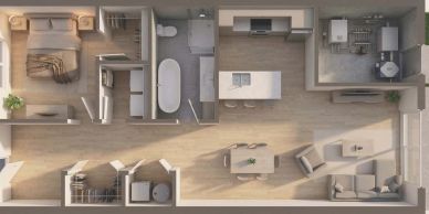 Plan d'un appartement moderne avec salon, cuisine, chambre et salle de bain.
