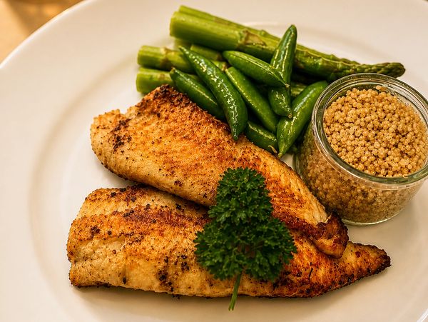 Grilled fish fillets with asparagus, snap peas, and quinoa on a white plate.