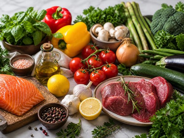 Fresh vegetables, herbs, salmon, and beef displayed on a kitchen counter.