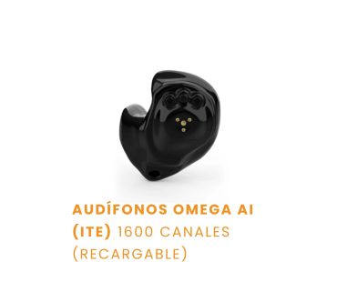 Audífono inalámbrico negro Omega AI con 1600 canales.