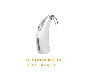 Audífono blanco modelo G-SERIES BTE 13 con 1000 canales.