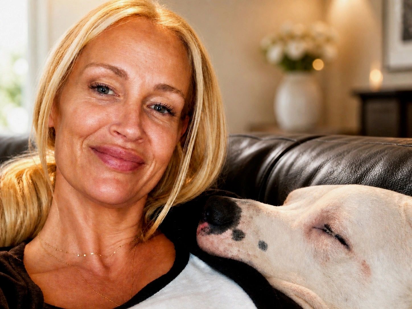 Woman smiling with her dog resting on her shoulder on a couch.