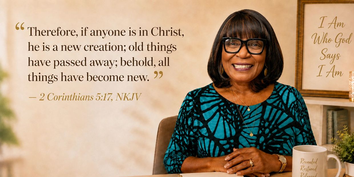 Smiling woman with glasses beside an inspirational Bible verse and affirmations.