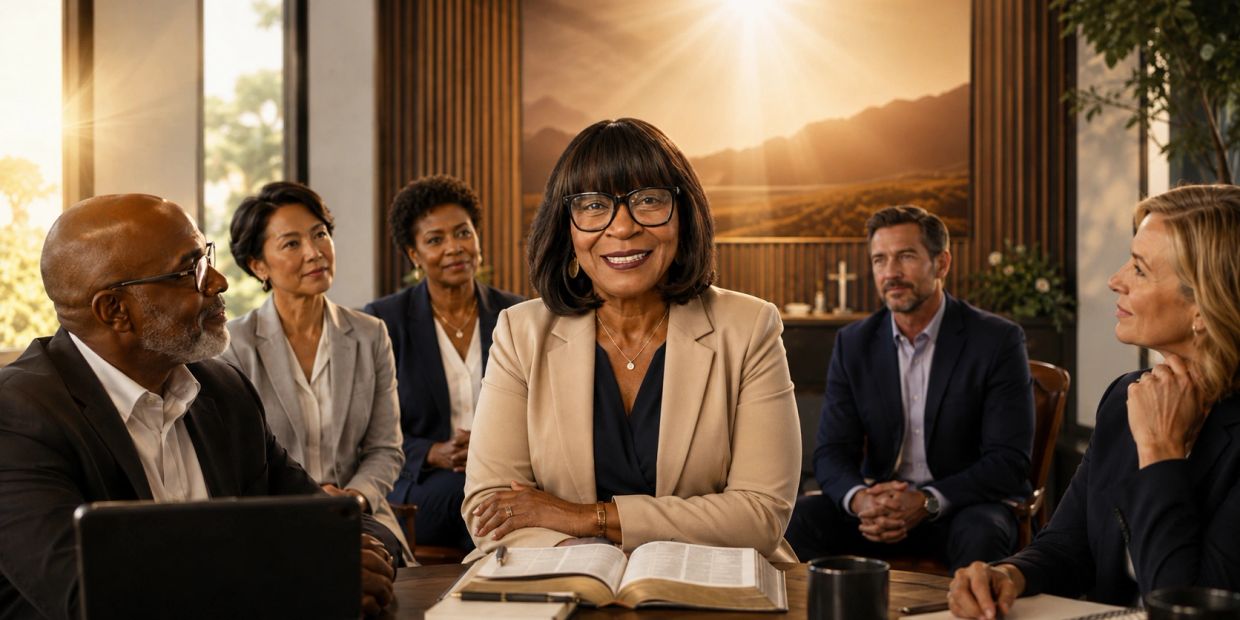 Group meeting with woman smiling at center with open book.