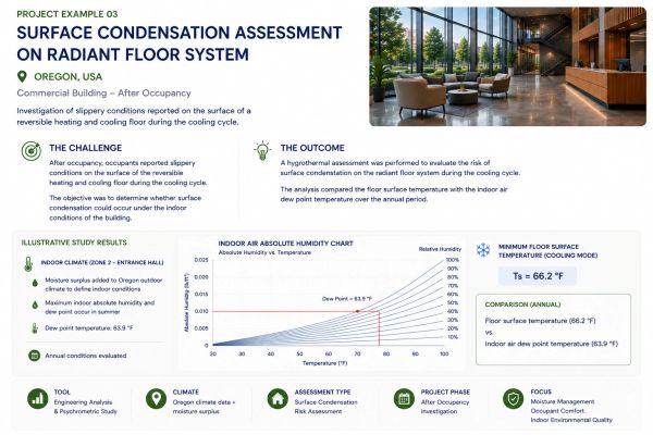 Surface condensation risk assessment for a commercial building in Oregon, evaluating radiant floor c