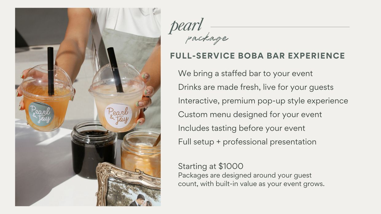 Pearl Package offers a full-service boba bar experience with fresh drinks and professional setup.