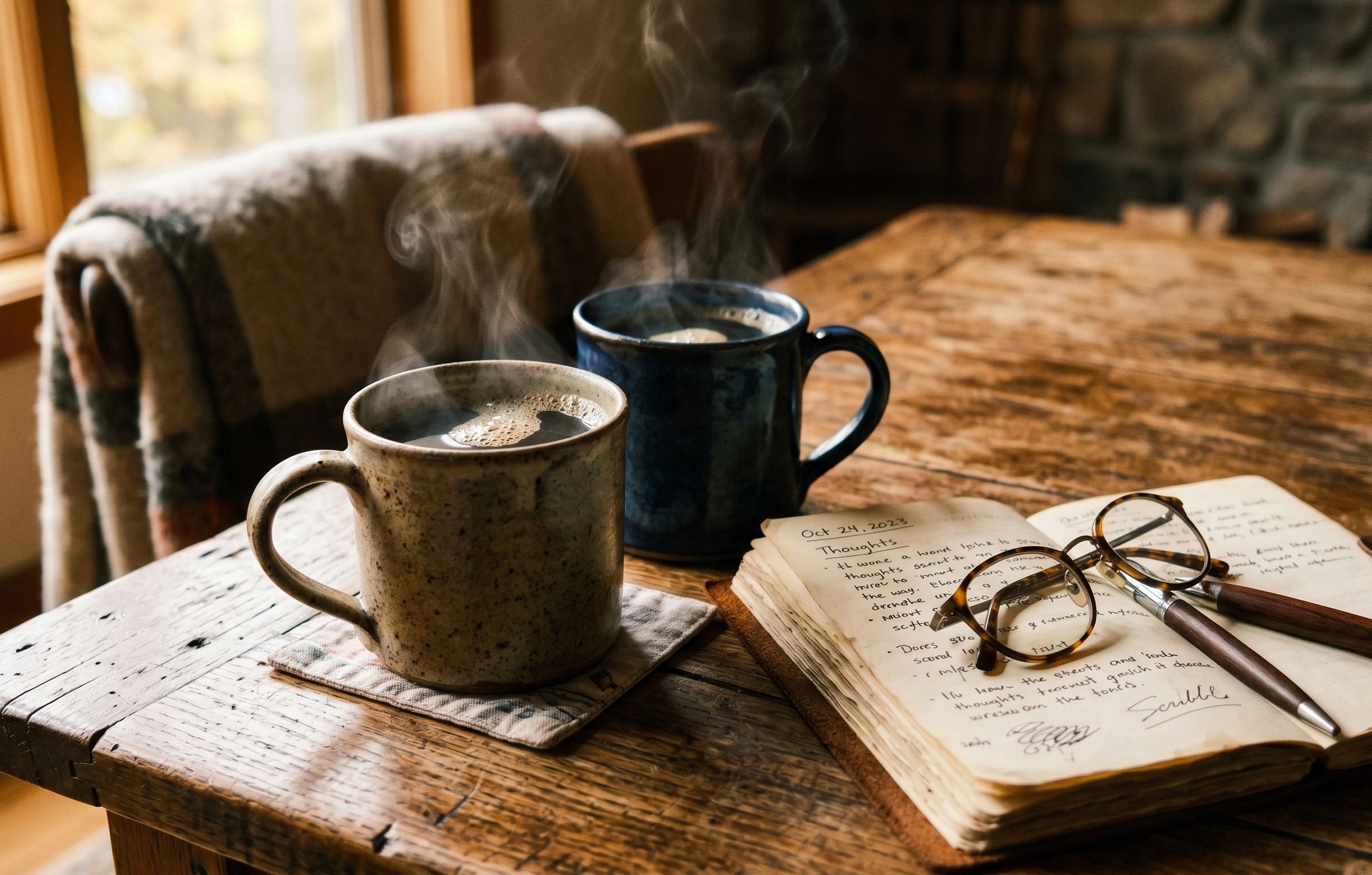Two steaming mugs of coffee on a wooden table with a worn notebook and a pair of glasses.