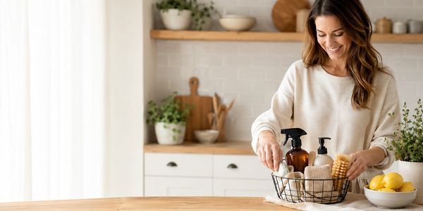 Woman arranging eco-friendly cleaning supplies in a kitchen basket.