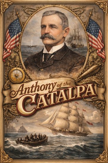 Portrait of a man framed by ships and American flags, titled 'Anthony of the Catalpa'.