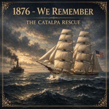 Historical painting of the 1876 Catalpa Rescue with sailing ship and steamship at sea.