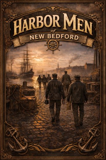 Vintage-style poster of men walking in a harbor at sunset in New Bedford.