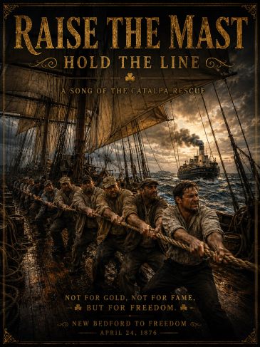 Men on a ship pull a rope, symbolizing struggle and hope during the Catalpa rescue.