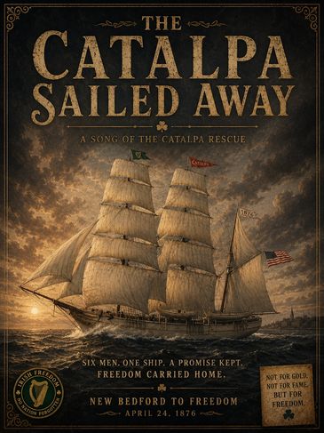 Vintage-style poster of the ship Catalpa sailing at sunset, highlighting a historic rescue mission.