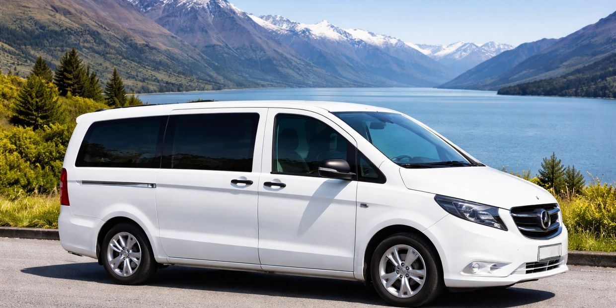 White Mercedes van parked by a scenic lake with mountains.