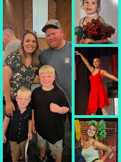 A family photo with children and a collage of girl growing up and performing.