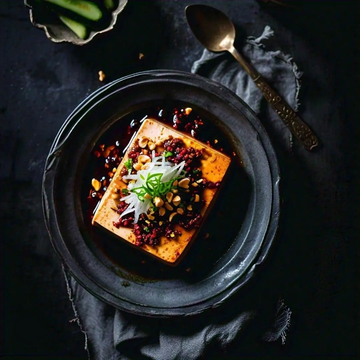 Shredded daikon, peanuts and fresh herbs on chilled tofu with black vinegar in a moody setting