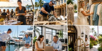 Collage showing various professionals at work in hospitality and retail.