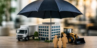 A black umbrella protecting a building and vehicles with wooden human figures nearby.