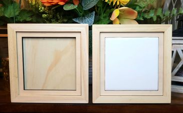 Raw wood/un-stained frame for holding ceramic tiles.