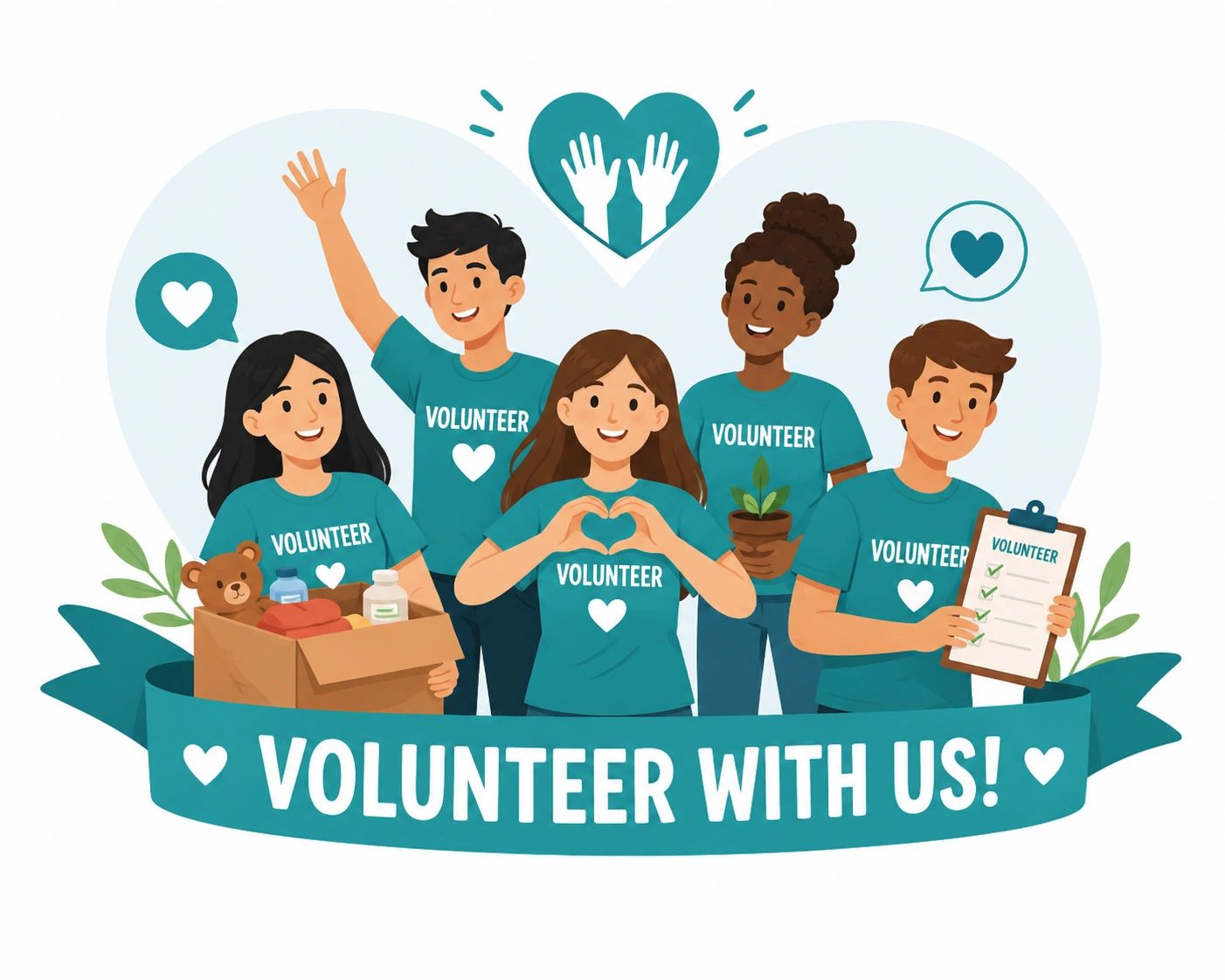 Group of enthusiastic volunteers promoting community service and kindness.