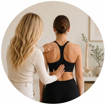 Chiropractor examining a woman's back in a clinic.