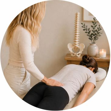 Therapist giving a back massage to a woman on a treatment table.
