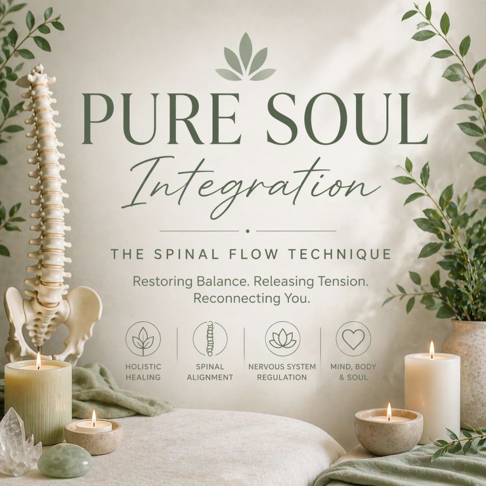 Calming wellness space promoting spinal flow technique with candles and greenery.