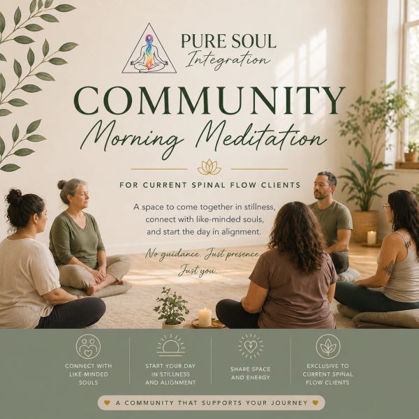 Group meditation session promoting community and alignment for spinal flow clients.