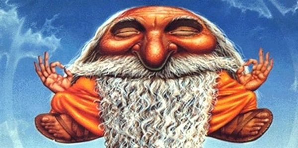 A whimsical old man with a long white beard meditating in a lotus pose.