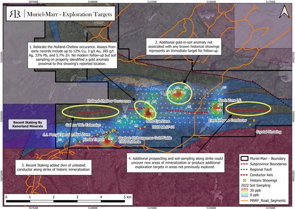 Map highlighting Muriel-Marr exploration targets with gold anomalies and historic showings.