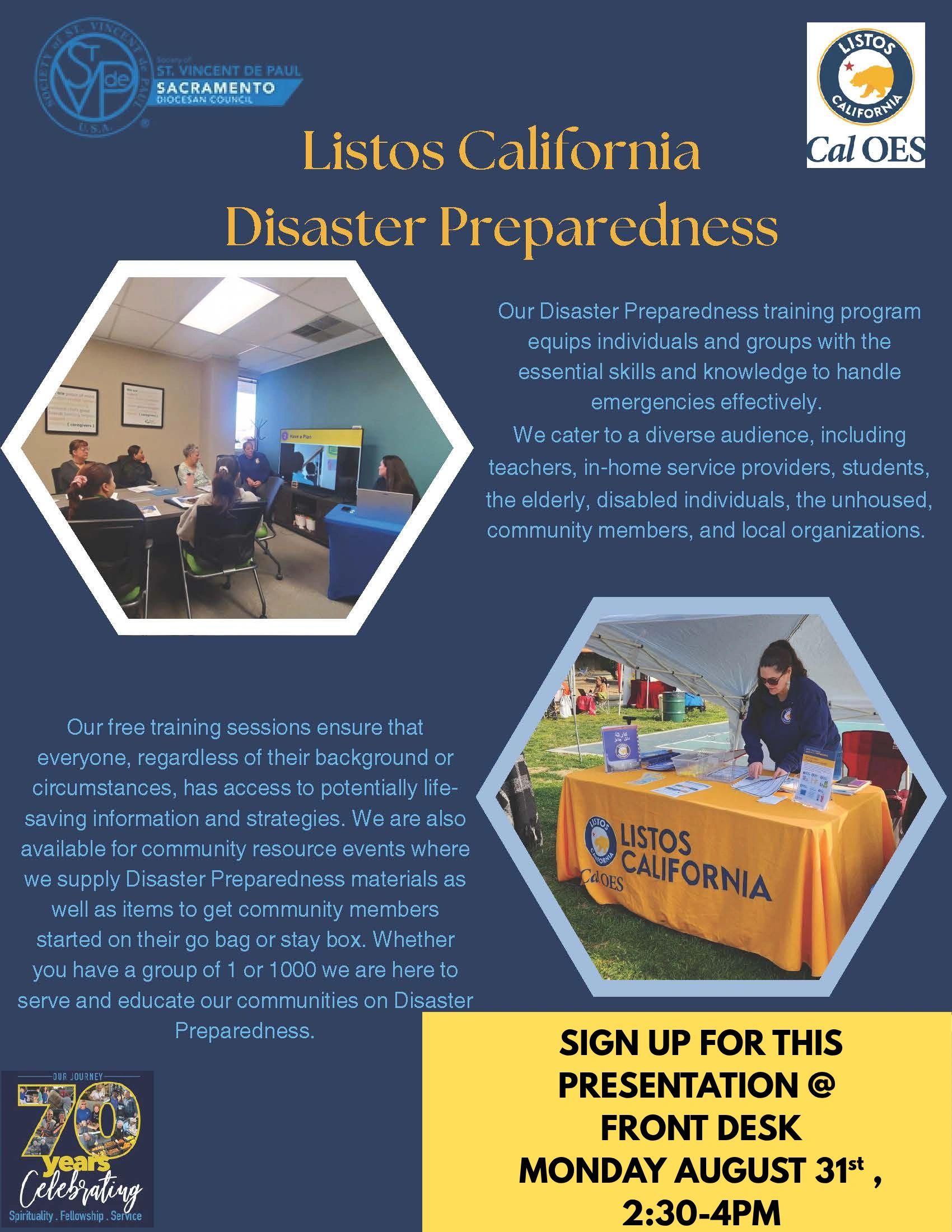 Listos California Disaster Preparedness training and sign-up information.