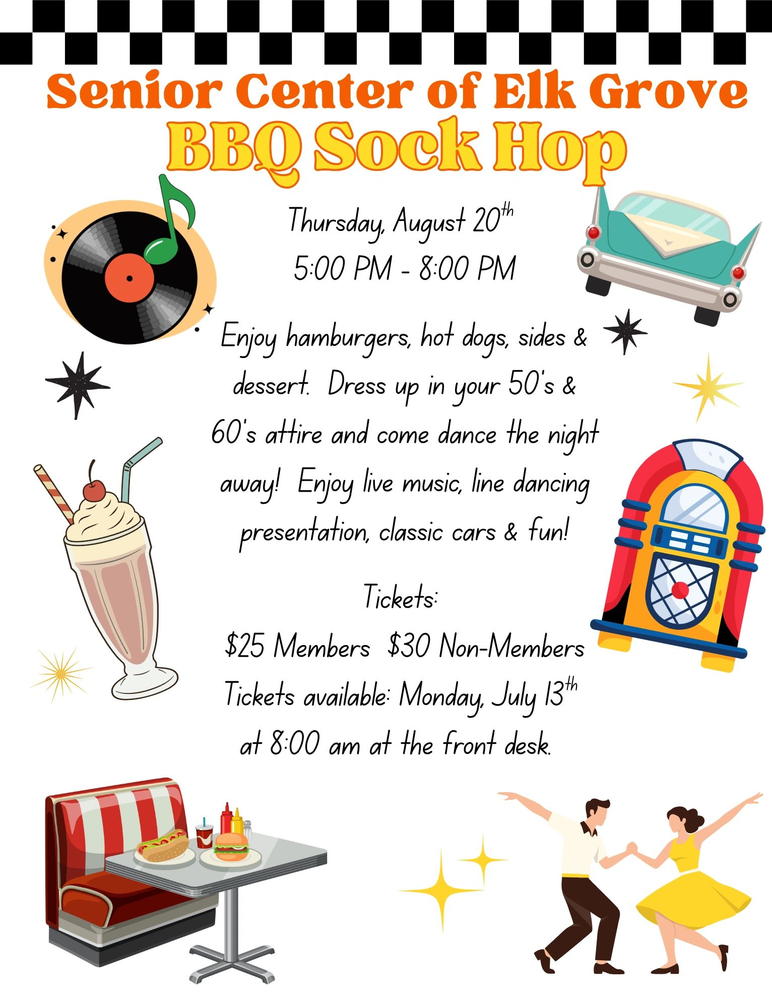 Senior Center BBQ Sock Hop event with food, dancing, and classic cars on August 20th.