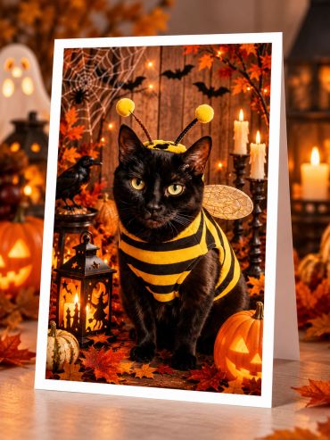 Black cat dressed as a bumblebee for Halloween.