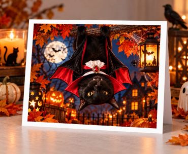 Black cat in vampire costume with Halloween decorations.