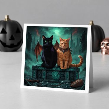 Two cats, one black with bat wings and one orange, on a spooky tombstone.