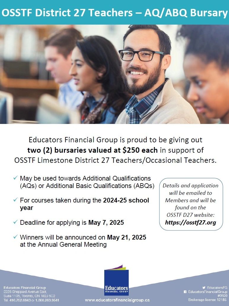 OSSTF District 27 offers two bursaries of $250 each for teacher qualifications in 2024-25.