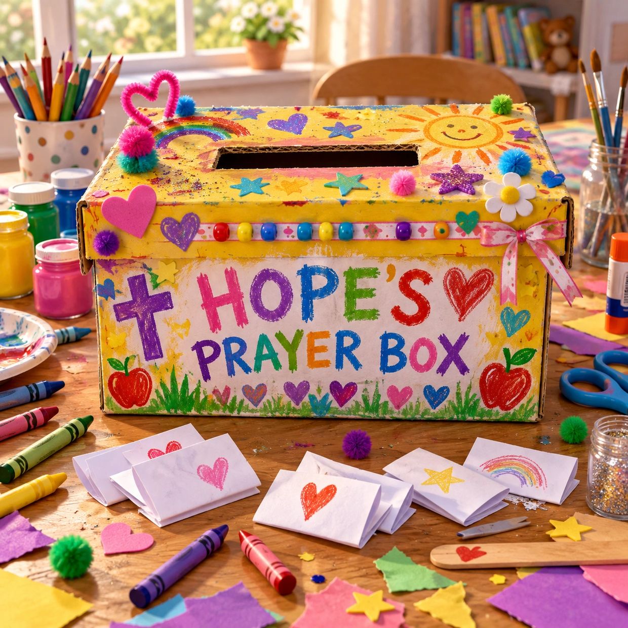 Colorful Hope's Prayer Box with notes and art supplies.