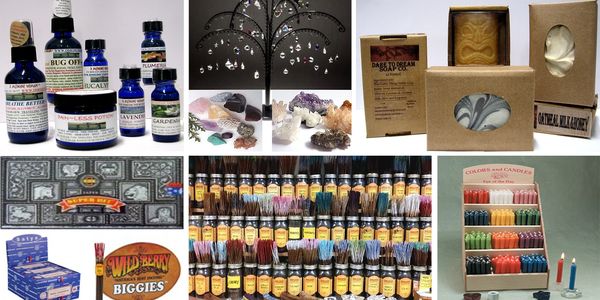 A collection of spiritual and aromatic products including oils, crystals, soaps, incense, and candles.