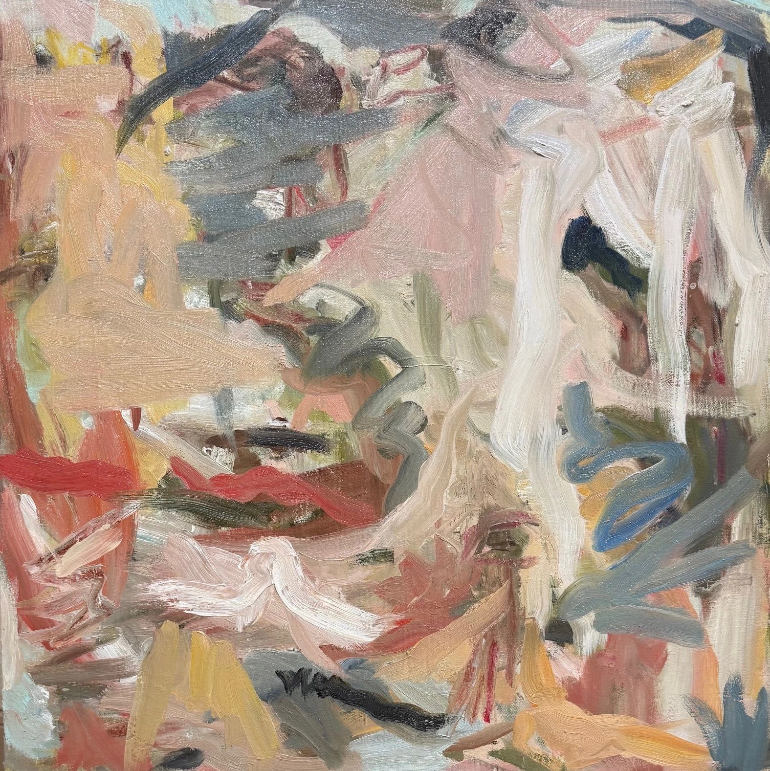 Abstract painting with layered pastel and muted colors.
