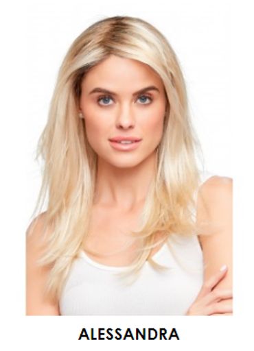Portrait of a woman with long blonde hair and blue eyes in a white tank top.